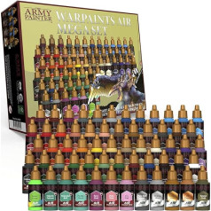 The Army Painter Warpaints Air Mega Set, akrila krāsu komplekts ar aerogrāfu, 60 krāsas ar aerogrāfu, 18 ml, ieskaitot 9 metāliskās un 1 fluo krāsu, modeļu veidošanas rīks Warhammer 40k figūrām un DND modeļiem