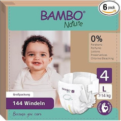 Bambo Nature bērnu autiņbiksītes 4. izmērs (7-14 kg) 144 gab. ikmēneša kastē | Augstas kvalitātes autiņbiksītes ar uzlabotu aizsardzību pret noplūdi | Maksimāls komforts un brīvība aktīviem bērniem, dermatoloģiski pārbaudītas autiņbik