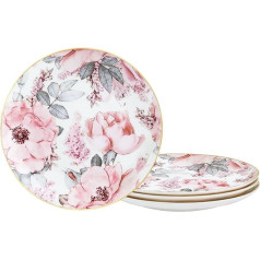 fanquare 20 cm kaula porcelāna salātu šķīvji ar zelta apmali, rozā ziedu makaronu bļodas, 4 gab., porcelāna deserta šķīvji, britu pusdienu šķīvji