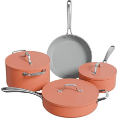 Ciarra Beyond Pan Set Induction Orange trauku komplekts 4 gab., veselīgs keramikas nepielipīgs katls 20 cm / 24 cm, panna 26 cm / 28 cm ar vāku, PFOA nesaturošs, PFAS nesaturošs, PFOA nesaturošs gatavošanas trauku komplekts