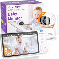 OBVHNUA Babyphone mit Kamera 5 Zoll 720p HD Video Babyphone Videoaufnahme 2X 4X Digitalzoom Zwei Wege Audio VOX Modus Nachtsicht Temperaturüberwachung 8 Schlaflieder 5 Wecker