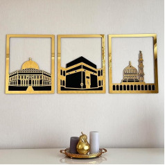 iwa koncepcija Masjid Al Aqsa, Kaaba ir Masjid An-Nabawi Islamo sienų menas Medinės palaimintos vietos Islamo sienų dekoras Dovana musulmonams Ramadano Eid (Medium, Gold | All Three)