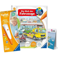 Ravensburger tiptoi komplekts: Wieso? Weshalb? Warum? Die Welt der Fahrzeuge (Bērnu grāmata) + 00110 tiptoi Der Stift + Bērnu pasaules karte, izglītojoša rotaļlieta bērniem