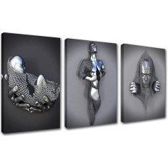 Sudraba audekls sienas dekori Modern Metal Character Pictures 3 Pack Holding Hands Artwork Abstract Romantic Couple Hugging Home Decor for Living Room Wooden Frame Gallery Wrapped