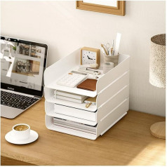 4 Tier Stackable Storage Compartments Letter Tray Organizer Desk Folder Document Holder A4 Paper Sorter for Office School (Vertical White)