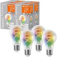 LEDVANCE SMART+ WIFI LED lampa, balts stikls, 4,8 W, 470 lm, klasiska spuldzes forma ar E27, regulējama krāsa un baltā gaisma, regulējama, regulējama ar lietotnes vai balss vadības palīdzību, ilgs kalpošanas laiks, 4 gab. komplektā