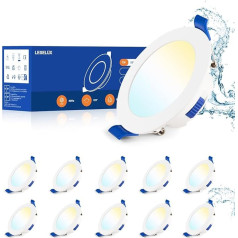 Leselux LED iegremdējami prožektori, 230 V, dimmējami, 10 x LED prožektori, silti balts, neitrāli balts, vēss balts, 3000 K/4000 K/6500 K, IP44 7 W, 700 LM iegremdējami prožektori, balts, īpaši plakans 29 mm,