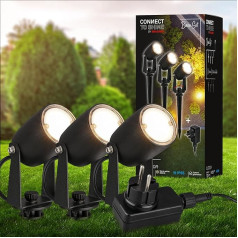 BRILONER - Connect to Shine 12 V dārza sistēmas 3 LED prožektoru komplekts ar zemes smaili, pamatkomplekts ar transformatoru, IP65, silti balta gaisma, dārza apgaismojums, LED dārza prožektors, 25,5 x 4 cm, melns