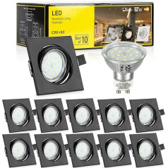 Bojim LED iegremdējamais prožektors, 230 V, 10 x 6 W LED prožektori, melns Gu10, 4000 K, neitrāli balts, 550 lm, iegremdējamais prožektors, 68-80 mm, iegremdējamās gaismas, 82Ra griestu prožektors, kvadrātveida, IP20 iegremdējams