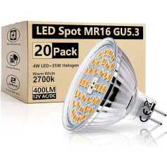 HiBay LED spuldze GU5.3 Lamp Warm White 2700K 4W (aizvieto 35W halogēna spuldzes) 400lm MR16 LED spuldze 12V AC/DC LED Spot komplekts ar 20 spuldzēm