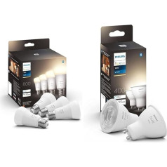 Philips Hue White E27 LED spuldzes 4 gab. (800 lm) un baltas GU10 LED prožektori 2 gab. (400 lm)