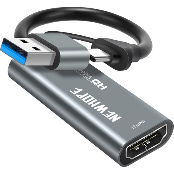 Newhope video uztveršanas karte, 4K HDMI uz USB/USB C 2.0 uztveršanas karte, 1080P HD 30 kadru sekundē tiešraidei un video audio ierakstīšanai spēļu, straumēšanas, mācību, videokonferenču vajadzībām (sudraba)