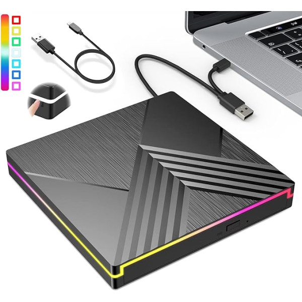 NEVVIS RGB ārējais CD DVD diskdzinis USB 3.0 C tipa DVD diskdzinis Ārējais pārnēsājamais RW ierakstītājs CD atskaņotājs, ātra datu pārraide klēpjdatoram, galddatoram, MacBook, Win11/10/8/7/XP, Linux, Mac OS, Vista