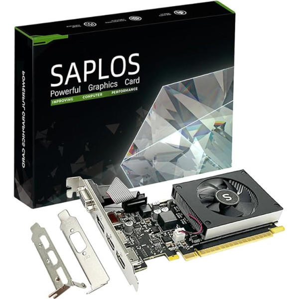 SAPLOS GT 730 4GB Grafiskā karte, 2 HDMI, DisplayPort, VGA, DDR3 64 bitu, zema profila grafiskā karte, datora GPU, zema jauda, PCI Express x8, DirectX 12