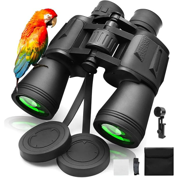 20x50 HD Fernglas Erwachsene, BAK4-Prism FMC-Objektiv Kompaktes Fernglas Wasserdicht für Vogelbeobachtung, Wandern, Safari, Jagd, Geschenke mit Smartphone-Adapter, Schwarz