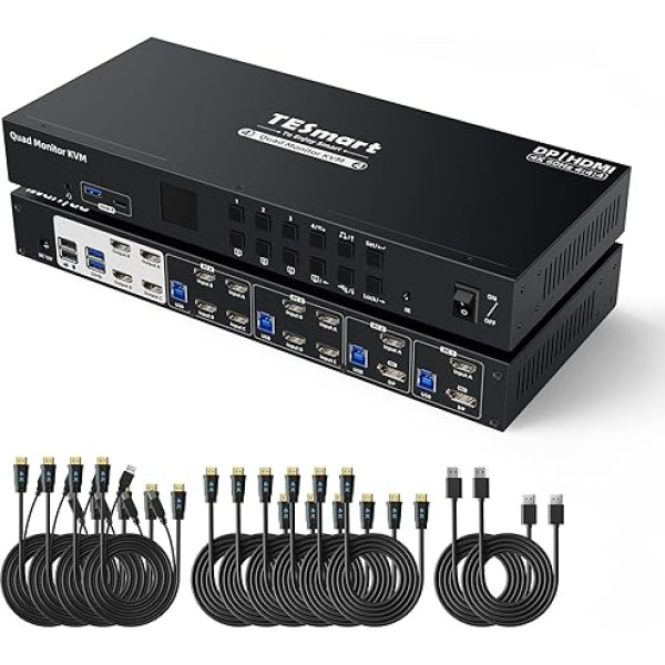 TESmart USB 3.0 HDMI + DP KVM-переключатель 4 монитора 4 ПК, 4K @ 60 Гц MST Четырехмониторные KVM-переключатели с эмуляторами EDID, док-станция с аудио и микрофон