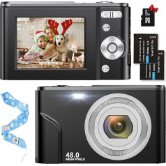 Digitālā kamera, HD 1080P 48MP fotokamera, autofokusa kompaktā kamera, digitālās kameras ar Micro SD karti, uzlādējama digitālā kamera ar 16X digitālo tālummaiņu bērniem, pieaugušajiem, meitenēm, zēniem (melna)