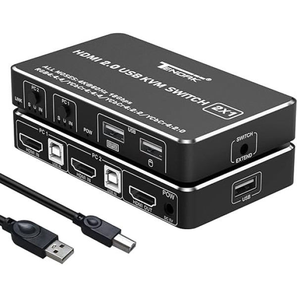 2x1 HDMI KVM переключатель - Tendak HDMI 2.0 KVM переключатель USB 2 порта ПК компьютер KVM переключатель клавиатура мышь переключатель коробка Поддержка 4K 