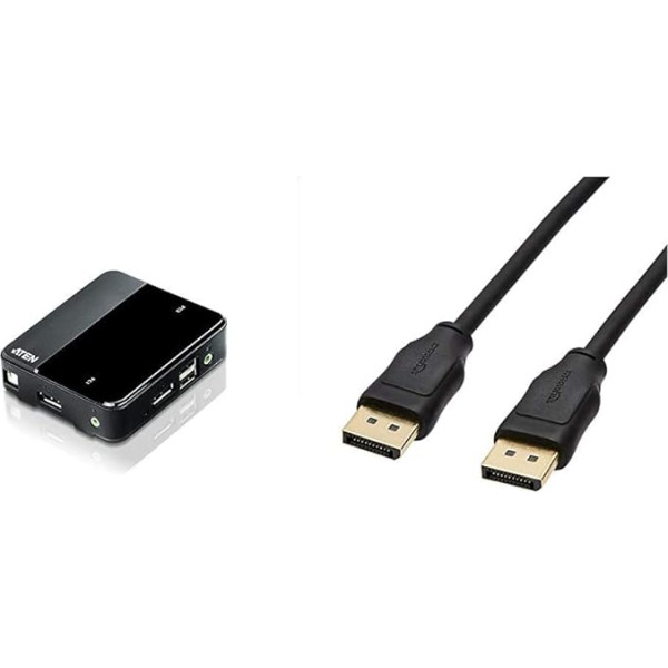 Aten CS782DP KVM slēdzis 2 portu USB DisplayPort & Amazon Basics - Savienojuma kabelis, no DisplayPort uz DisplayPort, 0,9 m