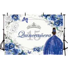 AIBIIN 7x5ft Blue Quinceanera Photo Backdrop for Cute Girl 15th Birthday Party Butterfly Flowers Silver Crown Decoration Banner Portrait Background Studio Prop Accessories