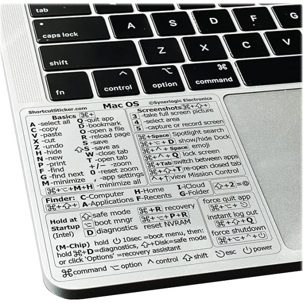 SYNERLOGIC Mac OS (Ventura/Monterey/Big Sur/Catalina/Mojave) Tastatūras īsceļi, M1/M2/Intel, bezatlikuma caurspīdīga vinila uzlīme, saderīga ar 13-16 collu MacBook Air un Pro (10 gab.)