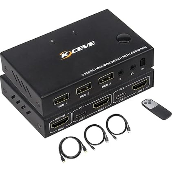 KVM slēdzis 4K @ 30Hz, HDMI USB 2.0 slēdzis ar audio pieslēgvietu, 3,5 mm ligzdu un mikrofonu klēpjdatoram, datoram, PS4, Xbox, 2 datoru kopīgai tastatūrai un pelei