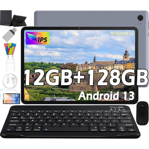 Planšetdators ar tastatūru, 2 in 1 planšetdators 10 Zoll 12GB RAM+128GB ROM(1TB TF) Octa-Core WiFi 6000mAh akumulators, Dual-Kamera 8MP, Widevine L1/3.5mm Skārienjūtīgais/planšetdators Android 13 Google Play/BT 5.0 Tablet PC (Grau)