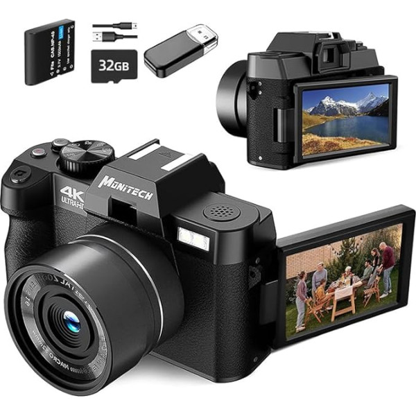 Mo Digitalkamera für Fotografie und Video, 4K 48 MP Videoaufzeichnungskamera für YouTube mit 180° drehbarem Display, 16-facher Digitalzoom, 32 GB TF-Karte, 1 Akku,S100