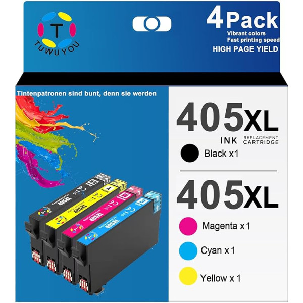 405XL printeru kasetnes Multipack, kas ir saderīgas ar Epson 405 XL kasetnēm Workforce Pro WF-4820 WF-3820 WF-4830 WF-7840 WF-7830 WF-3825 WF-4825 WF-3825 WF-7835 printeriem (1 melna, 1 ciāna, 1 magenta, 1 dzeltena)