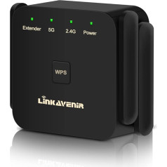 LINKAVENIR WLAN pastiprinātājs WLAN retranslators, divjoslu WLAN 1200 Mbit/s (867 MBit/s 5GHz + 300 MBit/s 2,4 GHz) ar 1 LAN pieslēgvietu 4 antenas WLAN pastiprinātāja režīms AP režīms Saderīgs ar visām WLAN ierīcēm