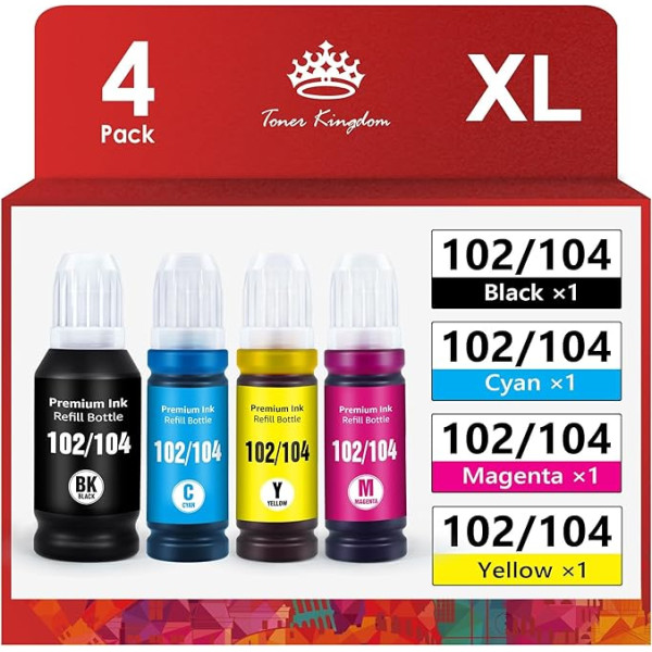 Toner Kingdom 104 102 tinte, kas saderīga ar Epson 104 Multipack priekš Epson EcoTank ET-2720 ET-2710 ET-2710 ET-2715 ET-4700 ET-2820 ET-2711 ar Epson 102 priekš Epson EcoTank ET-2750 ET-2850 ET-4750 ET-28, ET-56