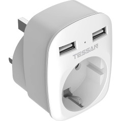 TESSAN ceļojuma adapteris UK Adapter England Germany Plug ar 2 USB 2.4A, kontaktligzdas adapteris, ceļojuma kontaktdakšas strāvas adapteris Īrijai, Lielbritānijai, uzlādes stacija, Anglijas adaptera kontaktligzda