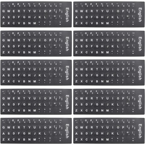 SOLUSTRE Pack of 10 Universal English Keyboard Stickers Rezerves tastatūras uzlīmes Griestu melns fons ar baltiem uzrakstiem datoram Laptop Notebook Desktop