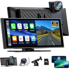 Autoradio Apple Carplay Android automašīnai ar Dash Cam priekšējā aizmugurējā 4K + 1080P, 9,26 collu portatīvais bezvadu bezvadu atskaņošanas skārienjutīgais ekrāns ar GPS/FM/Siri/Google/Bluetooth/Mirror Link/64G