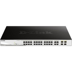 D-Link DGS-1210-28MP/E 28-Port PoE+ Gigabit Smart Managed Switch (24 x 10/100/1000 Base-T PoE porti un 4 x 100/1000 Mbps SFP Combo porti, 370W PoE jauda) - tikai ES barošanas vads