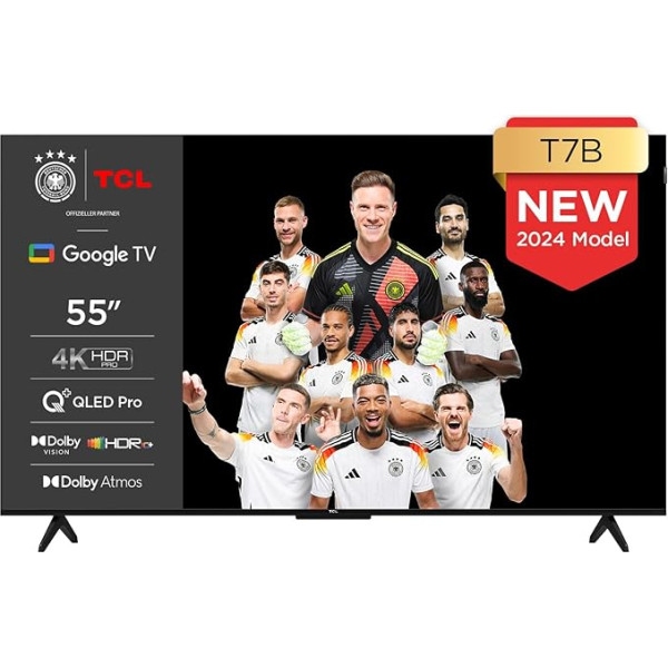 TCL 55T7B 55 collu QLED Pro televizors, 4K Ultra HD, HDR Pro, Google TV atbalstīts viedtelevīzija (Dolby & Atmos, kustību skaidrība, brīvroku balss vadība, saderīgs ar Google Assistant un Alexa)