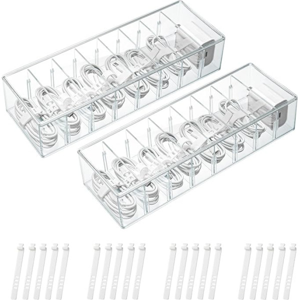 2 kabeļu uzglabāšanas kastes iepakojums, ZCXG caurspīdīga kabeļu organizatora kaste, kabeļu organizatora kaste, 8 nodalījumi, kabeļu vadības kaste ar 20 kabeļu saitēm, galda glabāšanai, birojam, lietošanai mājās
