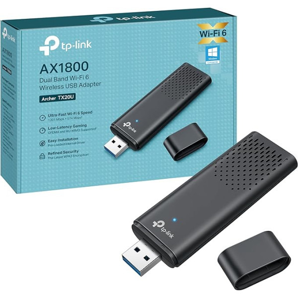 TP-Link Archer TX20U WLAN stick datoram, WiFi, AX1800 Dual Band, saderīgs tikai ar Windows 11/10, USB 3.0, MU-MIMO, OFDMA, WPA3 šifrēšana