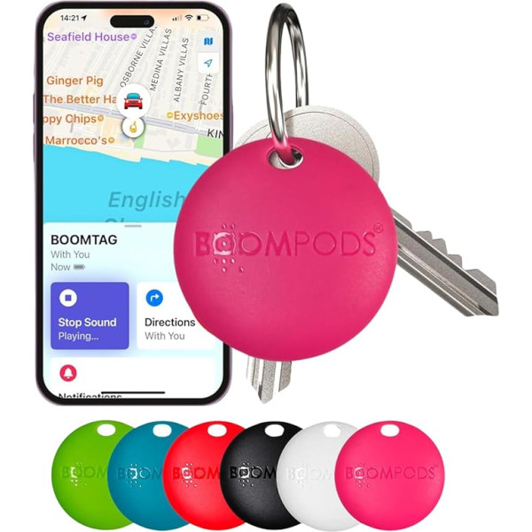 Boompods Boomtag Boomtag Bluetooth Tracker Tag Item Finder, viedas ilgtspējīgas izsekošanas ierīces atslēgām/portfelim/ bagāžai/ somai/ koferim, izsekošanas sīkrīki/ lokators, saderīgs ar Apple Find My App - rozā krāsā