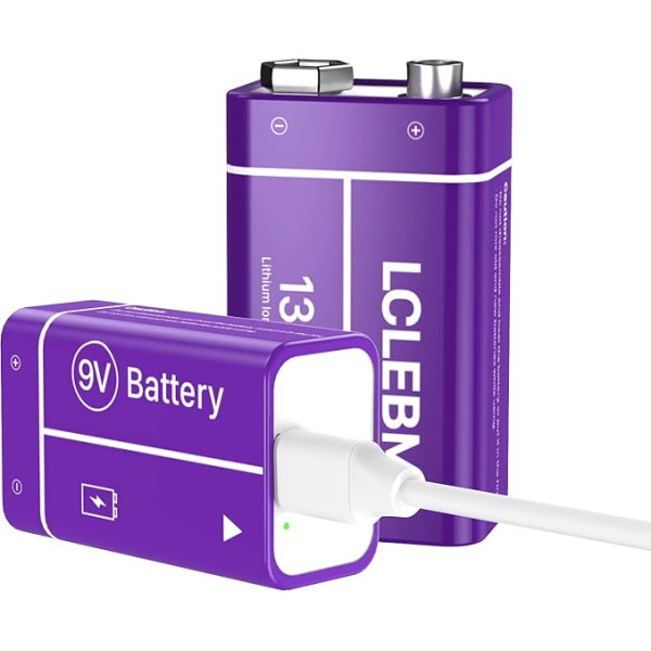 LCLEBM 9 V uzlādējams akumulators, 1300 mAh 9 V bloks litija baterijas, USB-C lādētājs ar uzlādes kabeli 2-in-1 signalizācijai, bezvadu mikrofoniem, dūmu detektoriem, rotaļlietām, lukturiem - 2 gab.