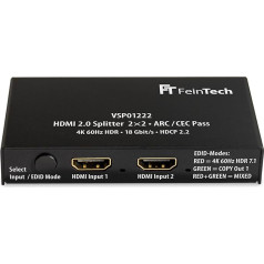 FeinTech VSP01222 HDMI 2.0 skirstytuvas, 2 įėjimai, 2 išėjimai, ARC Pass, skirtas AV imtuvui, 4K 60Hz HDR