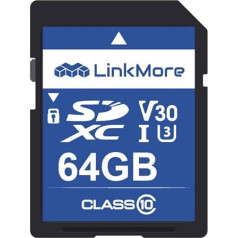 LinkMore SD karte 64GB, XV13 SDXC atmiņas karte, UHS-I, U1, V30, atmiņas karte kamerai, lasīšanas ātrums līdz 100MB/s, rakstīšanas ātrums līdz 50MB/s