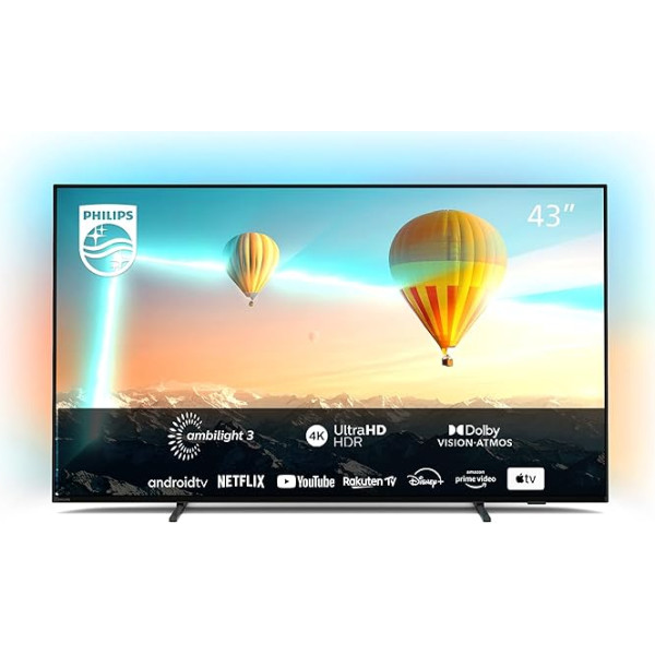 Philips 43PUS8007/12 televizors (4K UHD, HDR10+, 60 Hz, Dolby Vision un Atmos, 3-pusējs Ambilight, Smart TV, trīskāršs uztvērējs) 2022, matēti melns, 43 collas, 108 cm