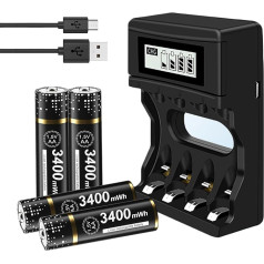 AA Batteries with Charger - Pack of 4 3400 mWh 1.5 V/Lithium AA Batteries Rechargeable with LCD Display Quick Chargers Battery Charger 4 Slots for Li-ion Mignon AA, Micro AAA Batteries