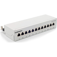 tsnetworks CAT.6a 12 pieslēgvietu Patch Panel / Patch Panel 12x pilnībā ekranētas RJ45 ligzdas 10 GBit, metāla korpuss, balts/pelēks, LSA + izolācijas spailes AWG22-26