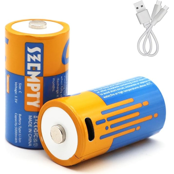 SZEMPTY uzlādējamas litija 1,5 V C baterijas, 2 baterijas, USB-C Li-Ion C 5000 MWh (3300 mAh) baterijas, ar 2-in-1 C tipa uzlādes kabeli, ātra uzlāde 2,5 stundās, vairāk nekā 1200 uzlādes ciklu