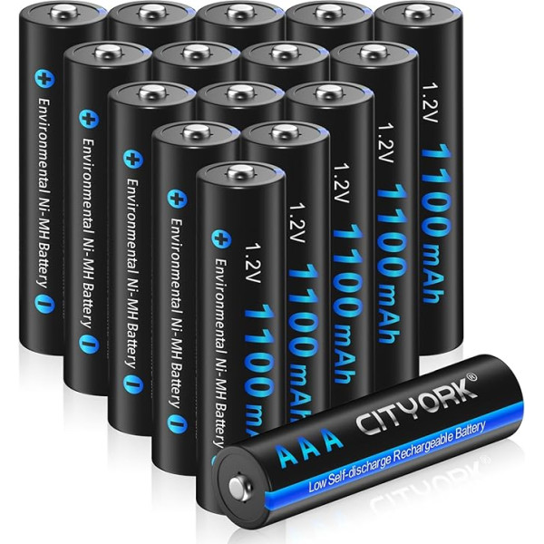 CITYORK 1100 mAh AAA uzlādējamas baterijas, 1,2 V NI-MH augstas kapacitātes, 1200 ciklu uzlādes baterijas, 16 iepakojumā