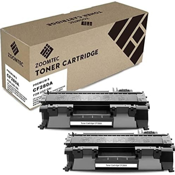 ZOOMTEC aizstājējs HP CF280A 80A tonera kasetnei, kas saderīgs ar HP Laserjet Pro 400/400dn/400dw/400dw/400d/M401dn/M401a/M401dn/M401n/M401dne/M401dw MFP M425dw/M425dn printeri (2 eksemplāru iepakojums), melns