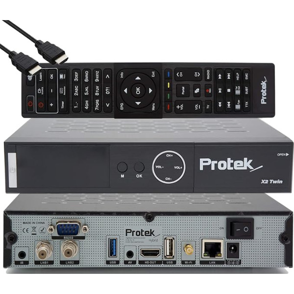 Protek X2 Twin SAT 4K - UHD HDR 2X DVB-S2 Twin uztvērējs, OpenATV E2 Linux uztvērējs, Smart TV Box, YouTube, ierakstīšanas funkcija, karšu lasītājs, multivides atskaņotājs, USB 3.0, iekļauts WiFi un EasyMouse HDMI kabelis