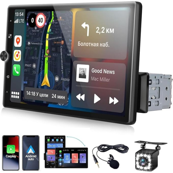 CAMECHO 1 DIN Carplay/Android autoradio ar ekrānu, 10,4 collu skārienjūtīgais ekrāns, Bluetooth autoradio ar spoguļa saiti (Android/iOS) + ārējais mikrofons + atpakaļgaitas kamera